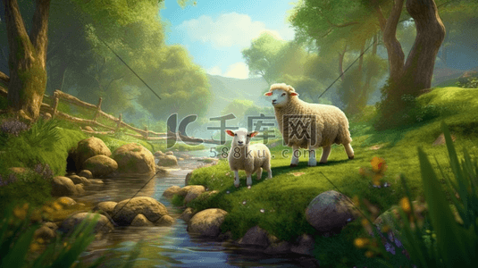 丛林小溪边的两只可爱小羊