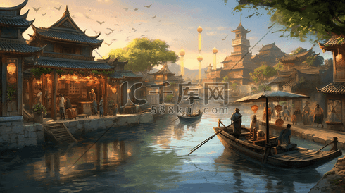 彩色中国风古典清明上河图街景