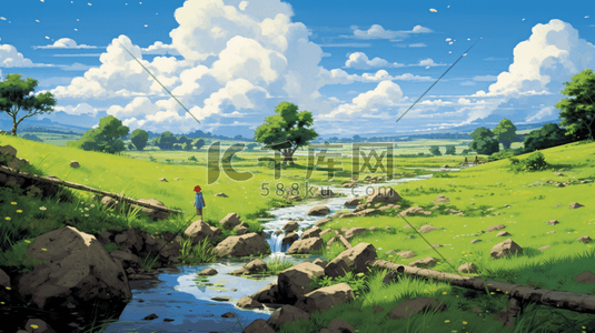 风格清新自然插画图片_绿色夏季小清新自然白云风景