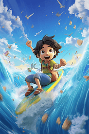 少年冲浪游泳嬉戏玩水明亮色彩插画
