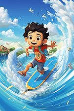 少年冲浪游泳嬉戏玩水明亮色彩插画