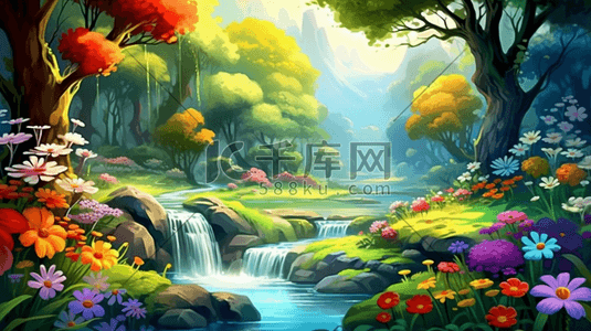 卡通自然风景田园美景插画场景彩色森林