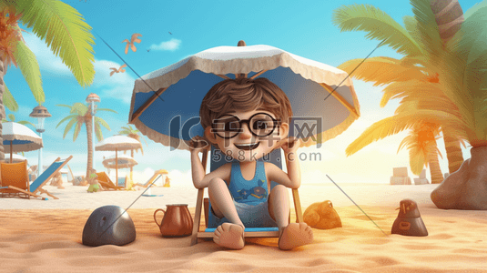 小男孩海边插画图片_夏天夏季3D立体场景小男孩在大海边玩耍