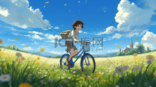 卡通男孩自行车插画图片_卡通男孩骑自行车插画