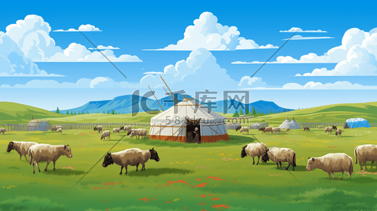草原羊风景插画图片_扁平风内蒙古蒙古族草原风景插画