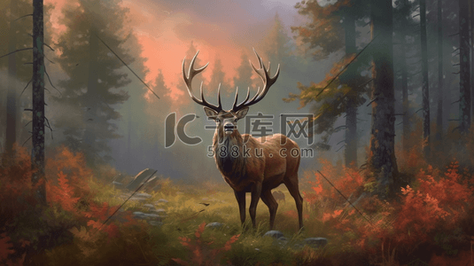 森麋鹿插画图片_森林中的人和小麋鹿
