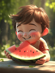 吃水果插画图片_夏季吃西瓜的可爱小男生