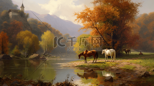 自然风景水插画图片_河边的马插画自然风景