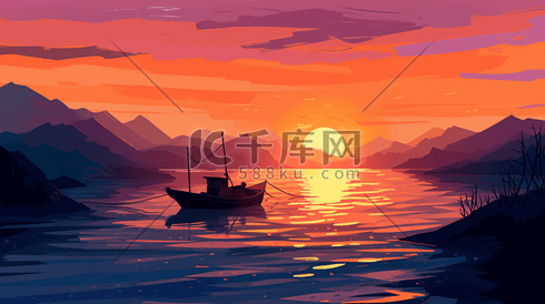 视差背景平面插图深海夕阳