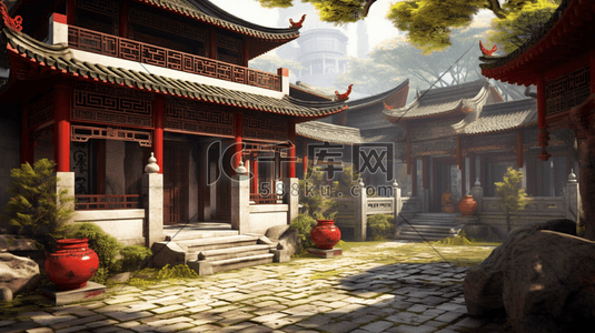 彩色传统古典中国风国潮建筑风景