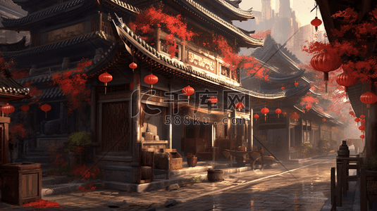 数字商业插画图片_中国古代建筑和古代商业街道数字艺术