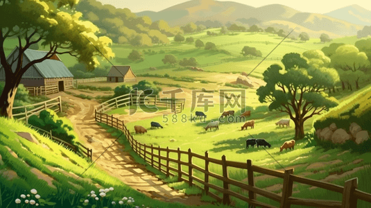 唯美卡通农场和绿色的山丘插画