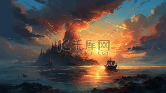 唯美天空云彩晚霞数字夕阳艺术插画