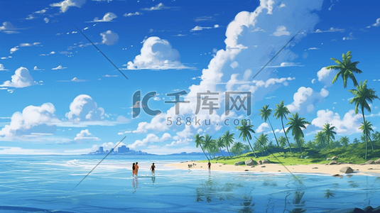 沙滩大海插画图片_夏天沙滩大海风景治愈卡通插画