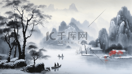 水墨中国画插画图片_中国风山水画古风水墨图