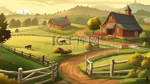 唯美卡通农场和绿色的山丘插画