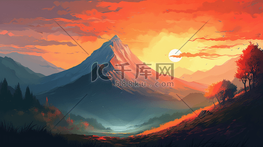 一幅插画图片_一幅以落日为背景的山的画