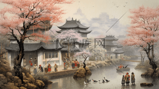 传统风格插画图片_清明上河图中国传统风格数字艺术