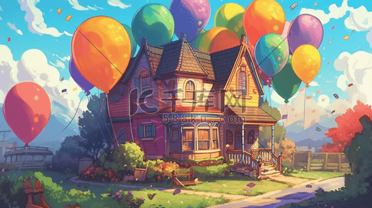 可爱背景边框插画图片_美丽可爱彩色唯美房子与气球数字艺术插画