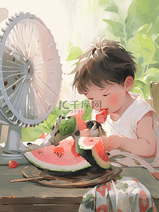 夏天卡通西瓜插画图片_夏天吃西瓜小男孩