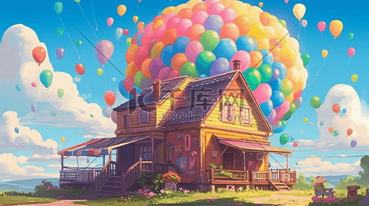 可爱背景边框插画图片_美丽可爱彩色唯美房子与气球数字艺术插画