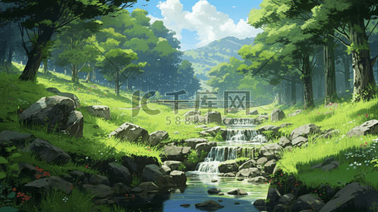 风格清新自然插画图片_绿色夏季小清新自然风景