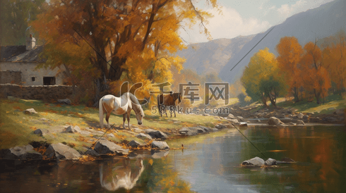 自然风景河边的马插画