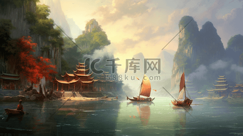 彩色中国风国潮风景插画