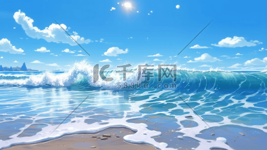 平面沙滩插画图片_大海的海浪拍打在沙滩上