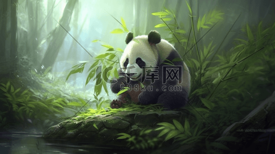 绿色中国风竹子插画图片_绿色扁平化中国风大熊猫插画