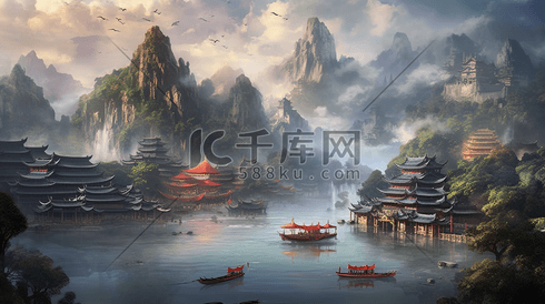 彩色中国风国潮风景插画