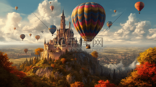 好看的山插画图片_漂亮唯美的欧式气球城堡数字艺术插画