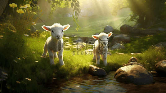 丛林小溪边的两只小羊