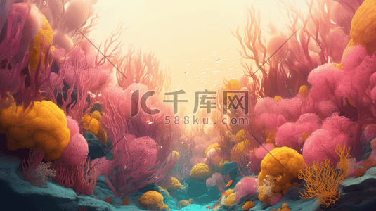 唯美深海珊瑚鱼群景观插画
