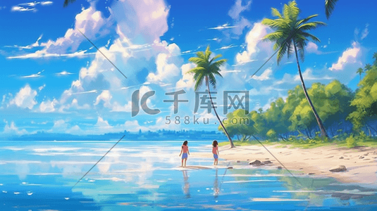 卡通椰树插画图片_夏天沙滩大海风景治愈卡通插画