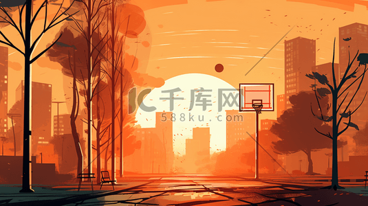 日出下的城市篮球场插画