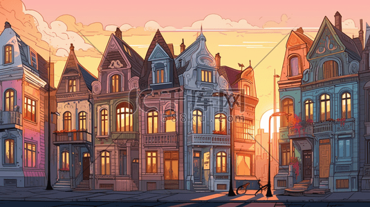 建筑城市卡通背景插画图片_卡通可爱房子数字艺术插画