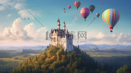 好看毛毛球插画图片_唯美的欧式气球城堡数字艺术插画