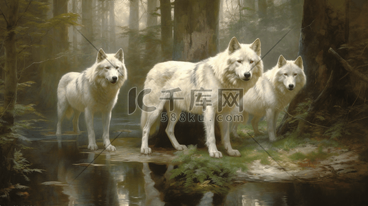 欧美背景插画图片_森林中的大灰狼！