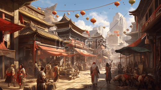 唐朝街道集市场景插画