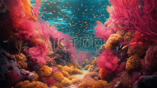 珊瑚鱼群插画图片_唯美深海珊瑚鱼群景观插画