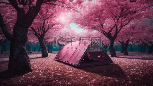 搭建在樱花树下的帐篷数字艺术插画