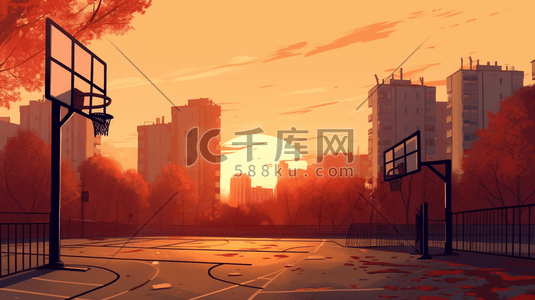 夕阳映射下的篮球场风景插画