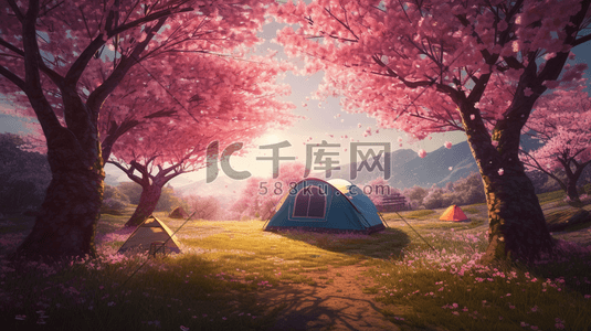 露营背景插画图片_搭建在樱花树下的帐篷数字艺术插画