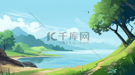 卡通云插画图片_夏天清新风景卡通背景