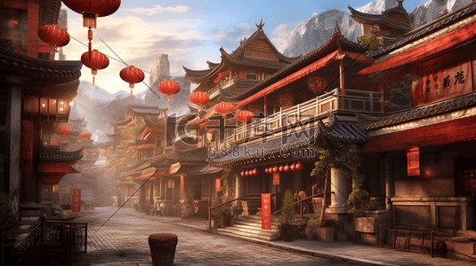 数字商业插画图片_中国古代建筑和古代商业街道数字艺术
