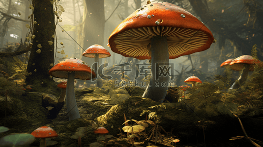 巨型蜘蛛插画图片_森林中生长的巨型蘑菇