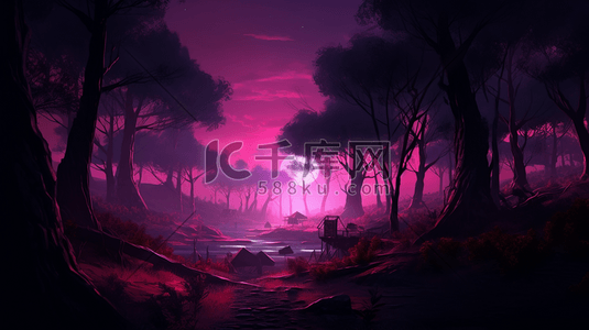 紫色夜幕下的森林数字艺术插画