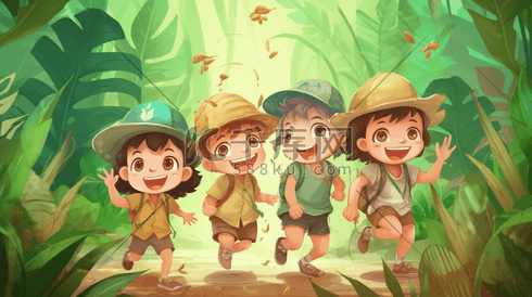 孩子们开心的在丛林探险插画