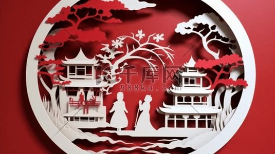 中国风国潮古典建筑剪纸剪影风风景